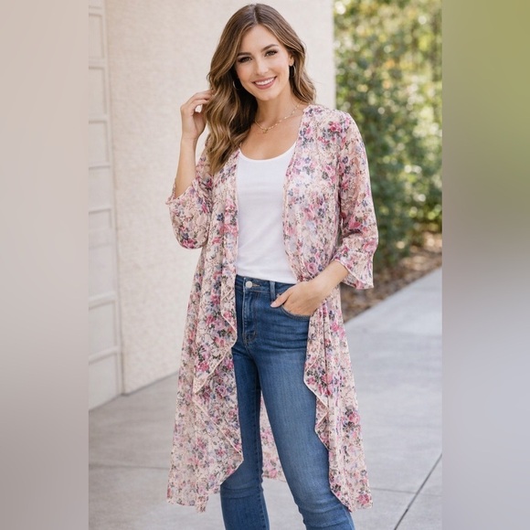 LuLaRoe Sweaters - LuLaRoe Floral Lace Duster Kimono Cardigan Size M